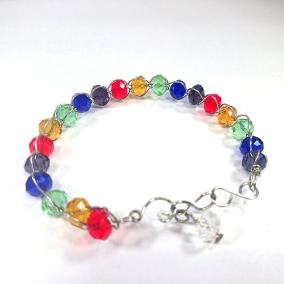 Rainbow Faceted Crystal Beaded Wire-Wrapped Bracelet - Picture 9 of 9